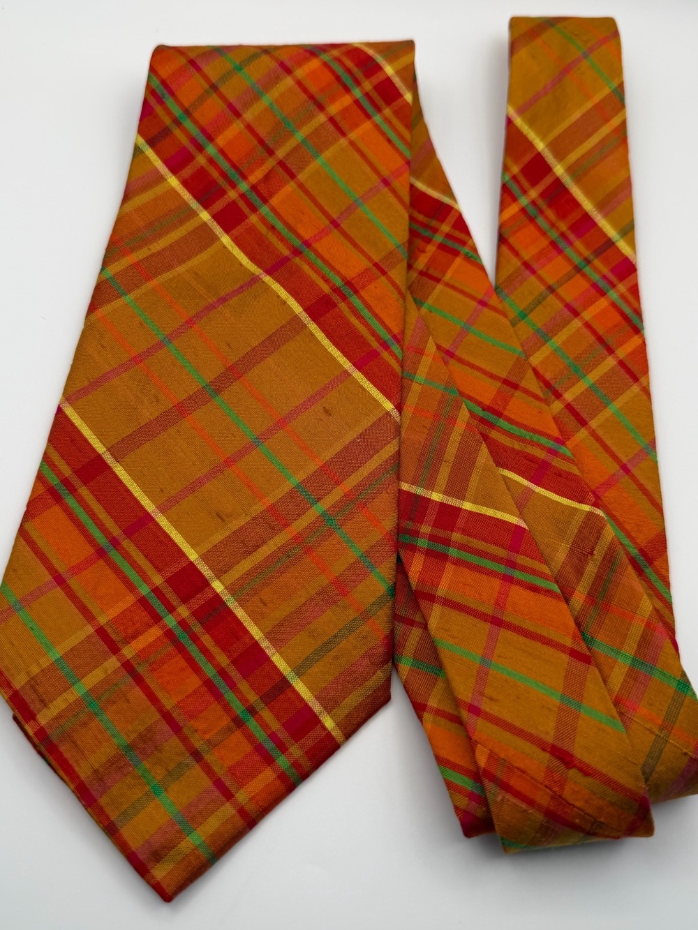 Polo Ralph Lauren Raw Silk Tie Mustard Multicolor Plaid 3.5” Made in USA